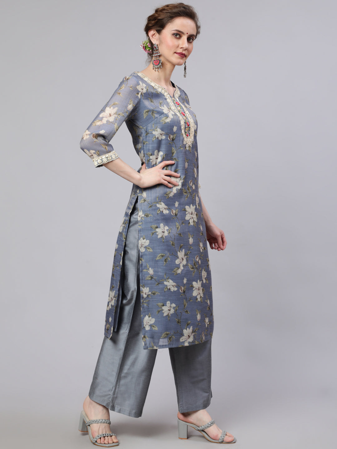 Women's Grey Floral Print Kurta Palazzo With Dupatta
