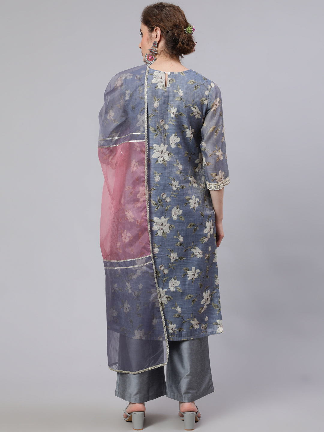 Women's Grey Floral Print Kurta Palazzo With Dupatta