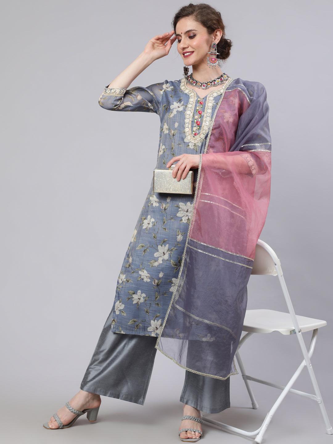 Women's Grey Floral Print Kurta Palazzo With Dupatta