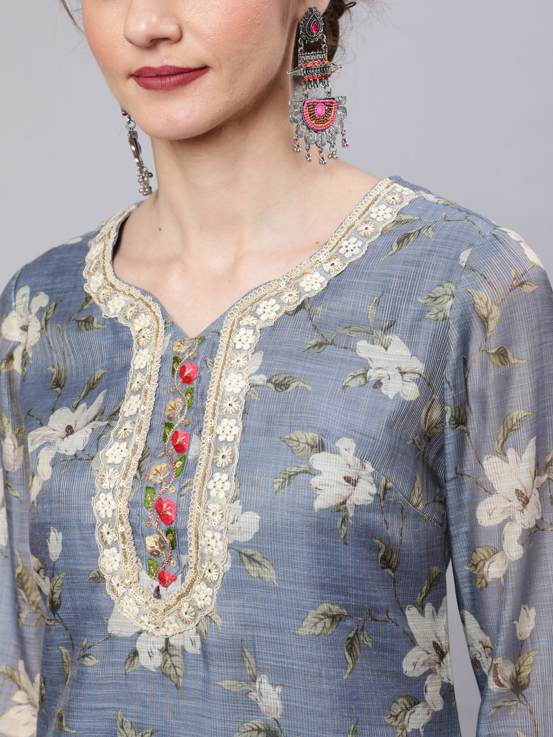 Women's Grey Floral Print Kurta Palazzo With Dupatta
