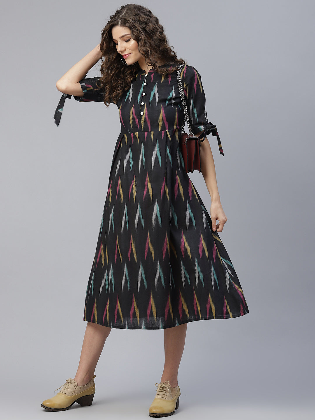 Women's Black Ikat A-Line Midi Dress