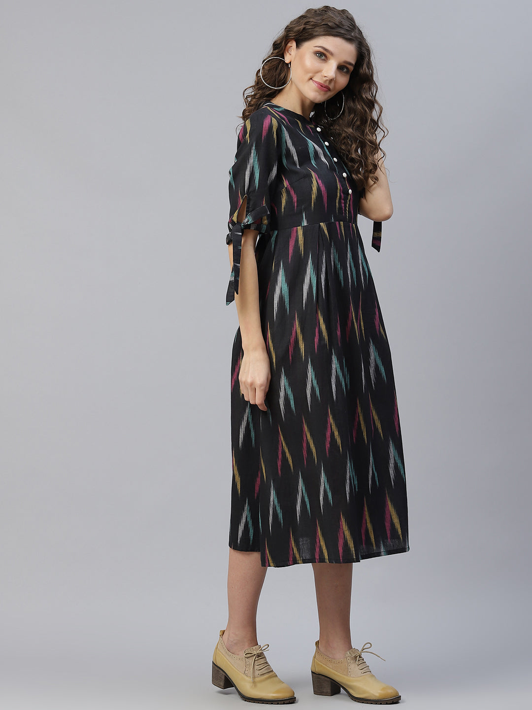 Women's Black Ikat A-Line Midi Dress