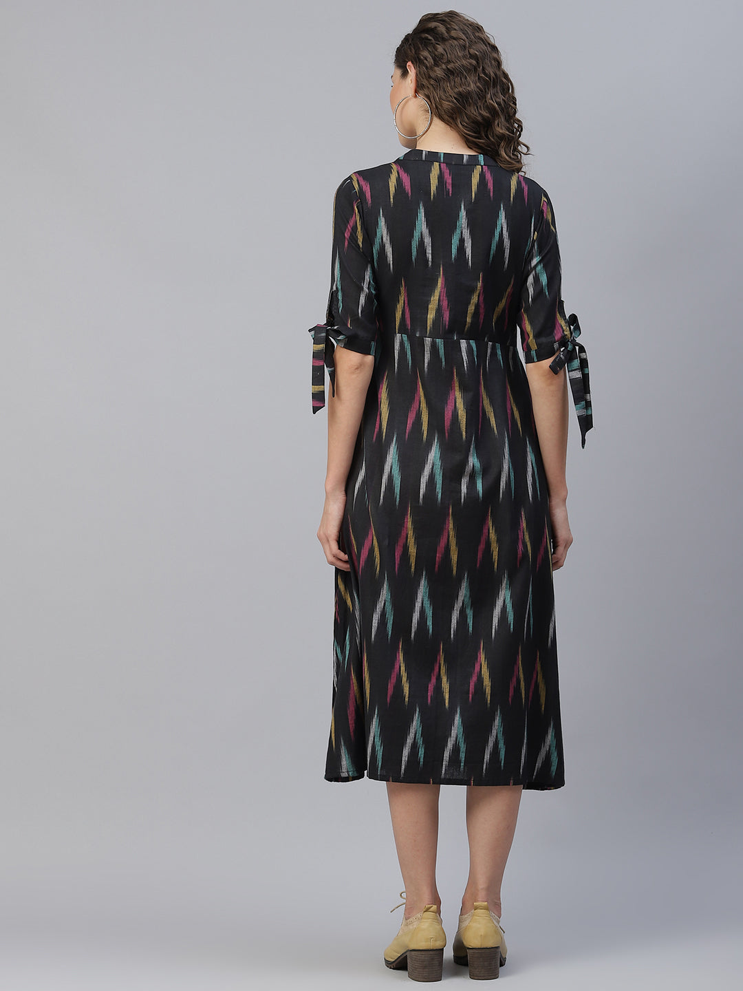 Women's Black Ikat A-Line Midi Dress