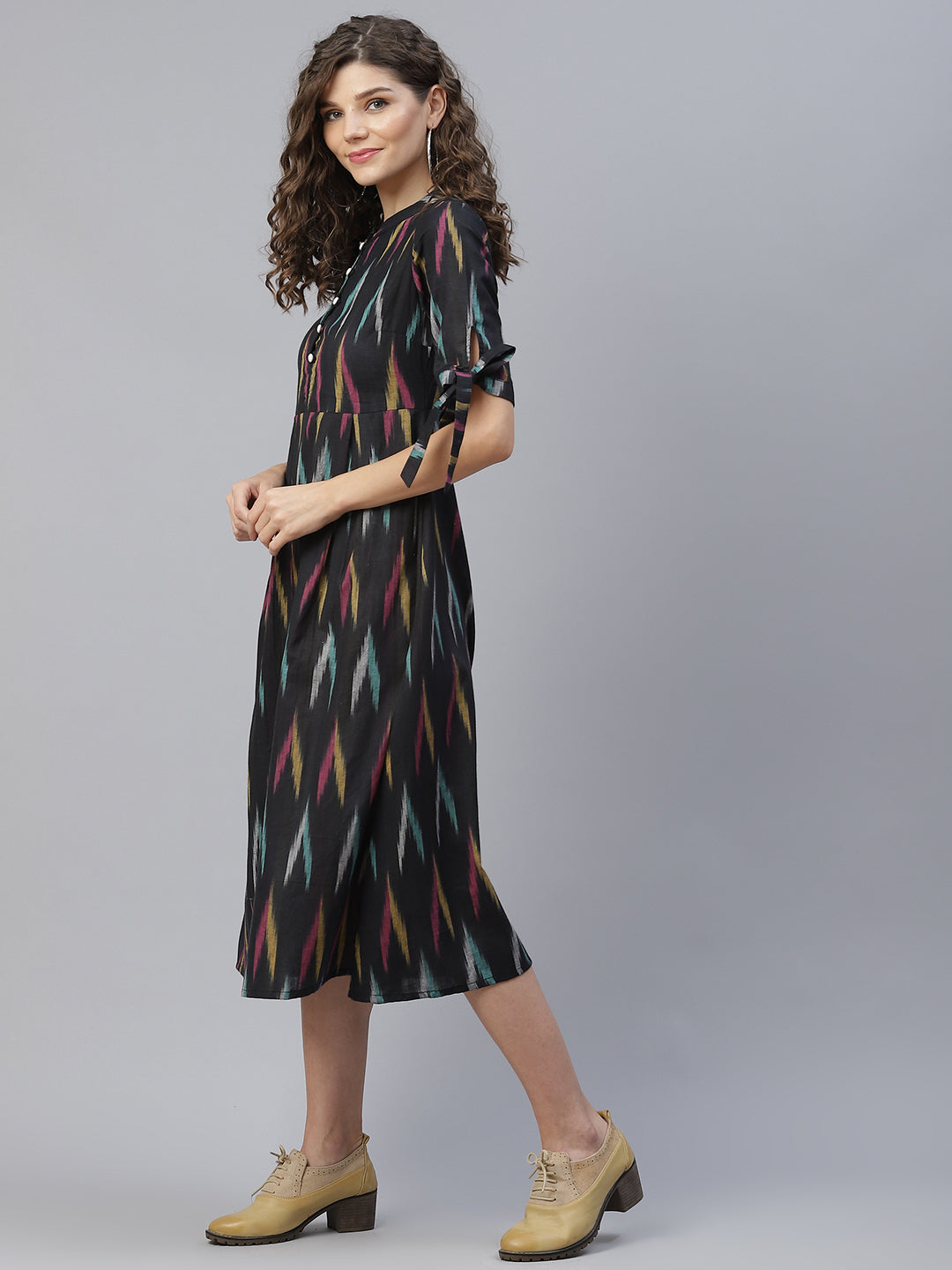 Women's Black Ikat A-Line Midi Dress