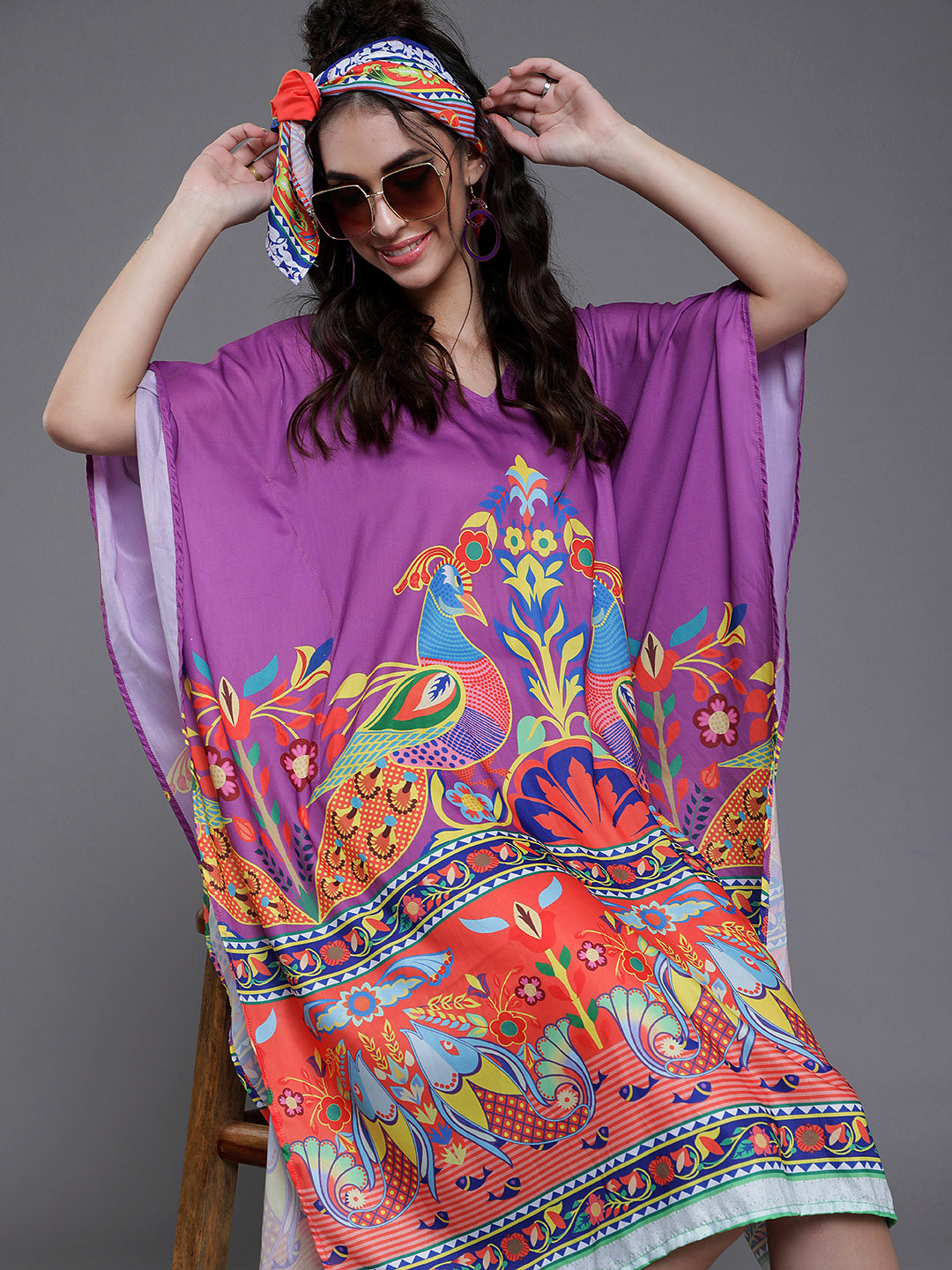 Women's Purple Abstract Print Kaftan Dress
