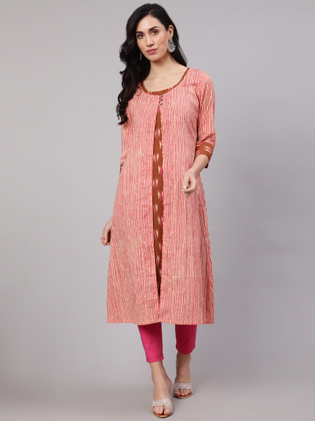 Women's Brown Ikat Print Kurta With Striped Jacket
