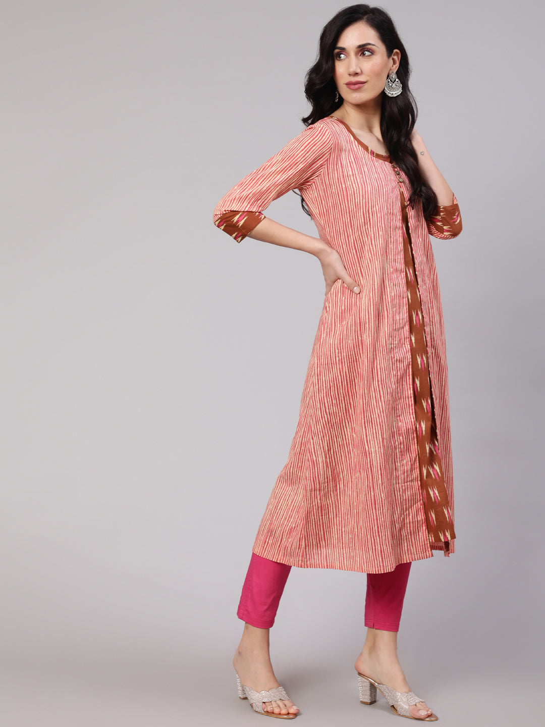 Women's Brown Ikat Print Kurta With Striped Jacket
