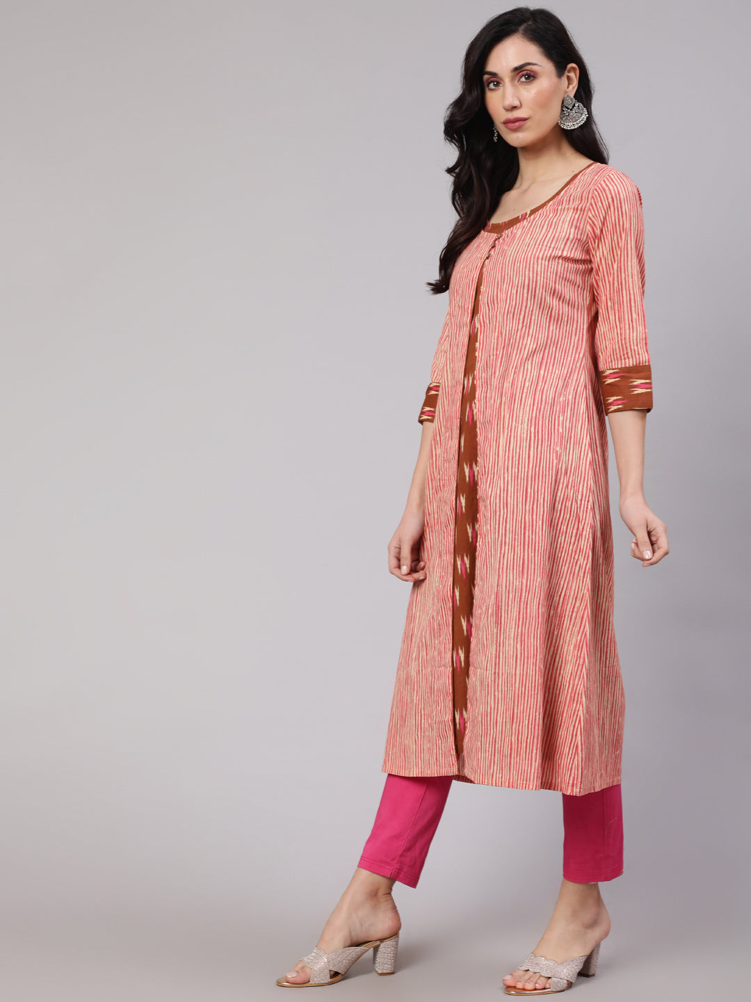 Women's Brown Ikat Print Kurta With Striped Jacket