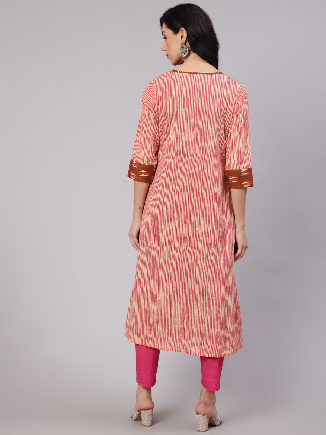 Women's Brown Ikat Print Kurta With Striped Jacket