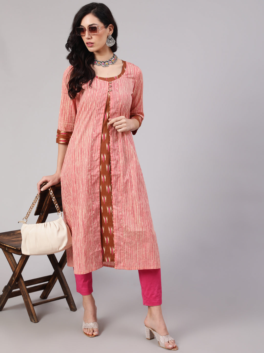 Women's Brown Ikat Print Kurta With Striped Jacket