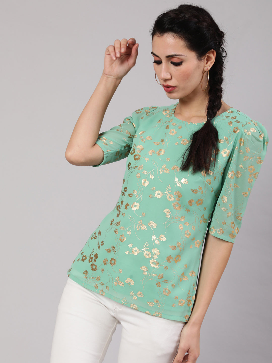 Women's Sea Green Foil Print Top