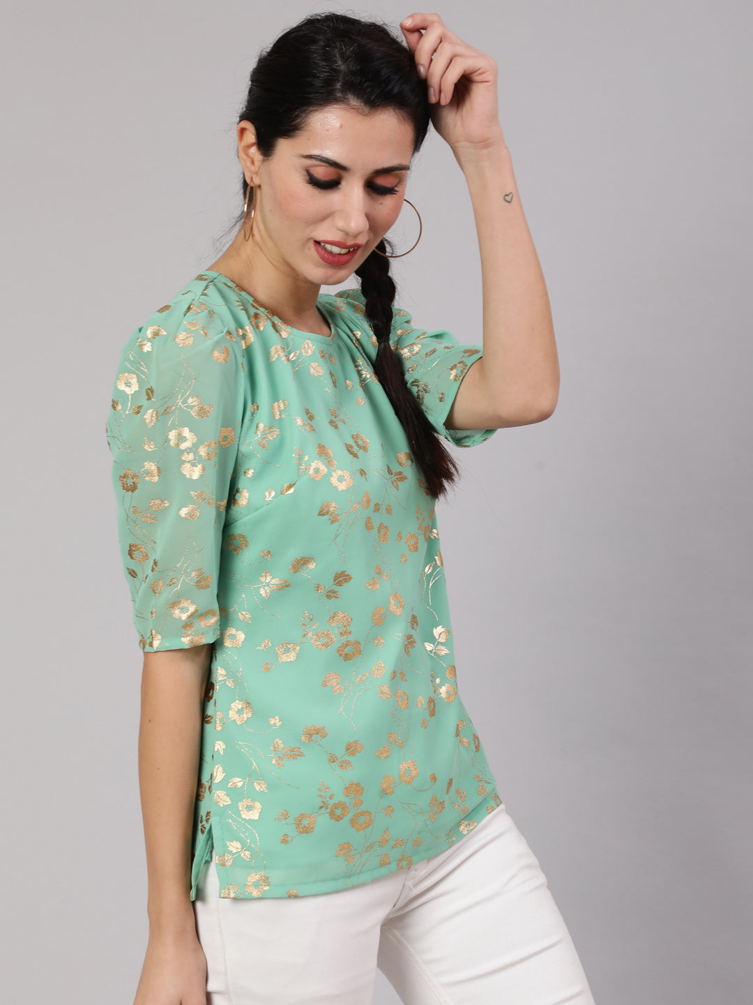 Women's Sea Green Foil Print Top