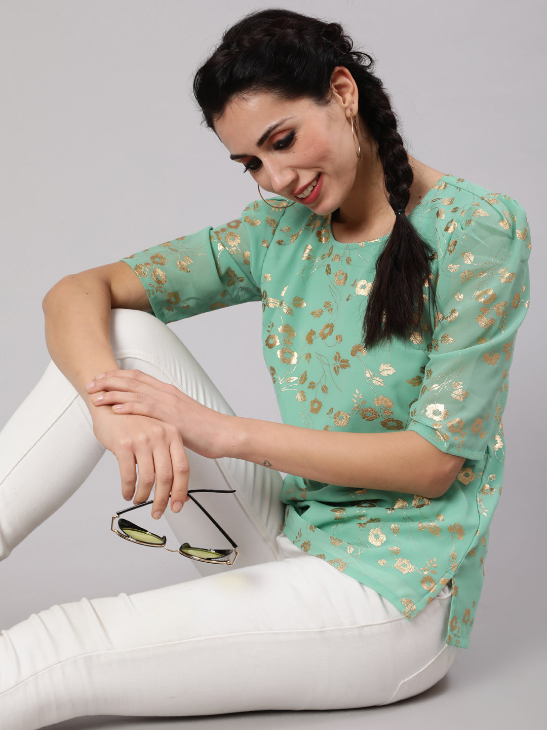 Women's Sea Green Foil Print Top