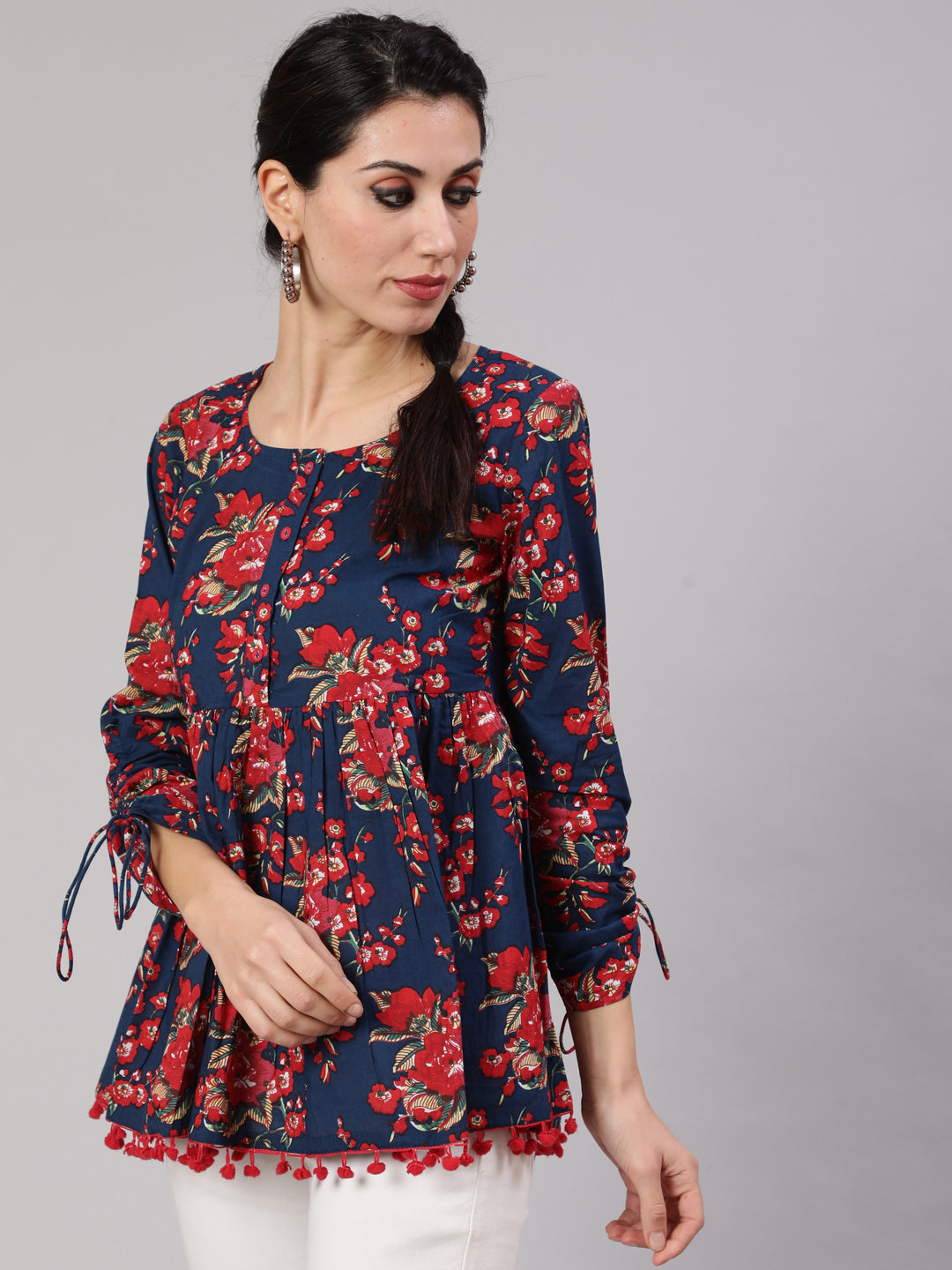 Women's Navy Blue Floral Printed Gathered Tunic -