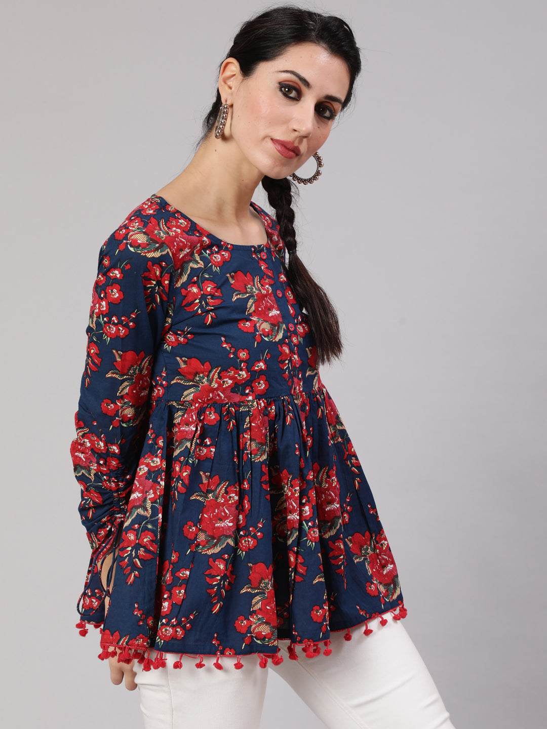 Women's Navy Blue Floral Printed Gathered Tunic -
