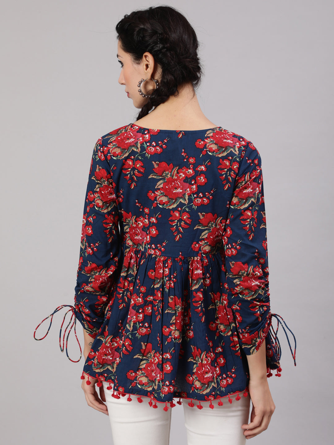 Women's Navy Blue Floral Printed Gathered Tunic -