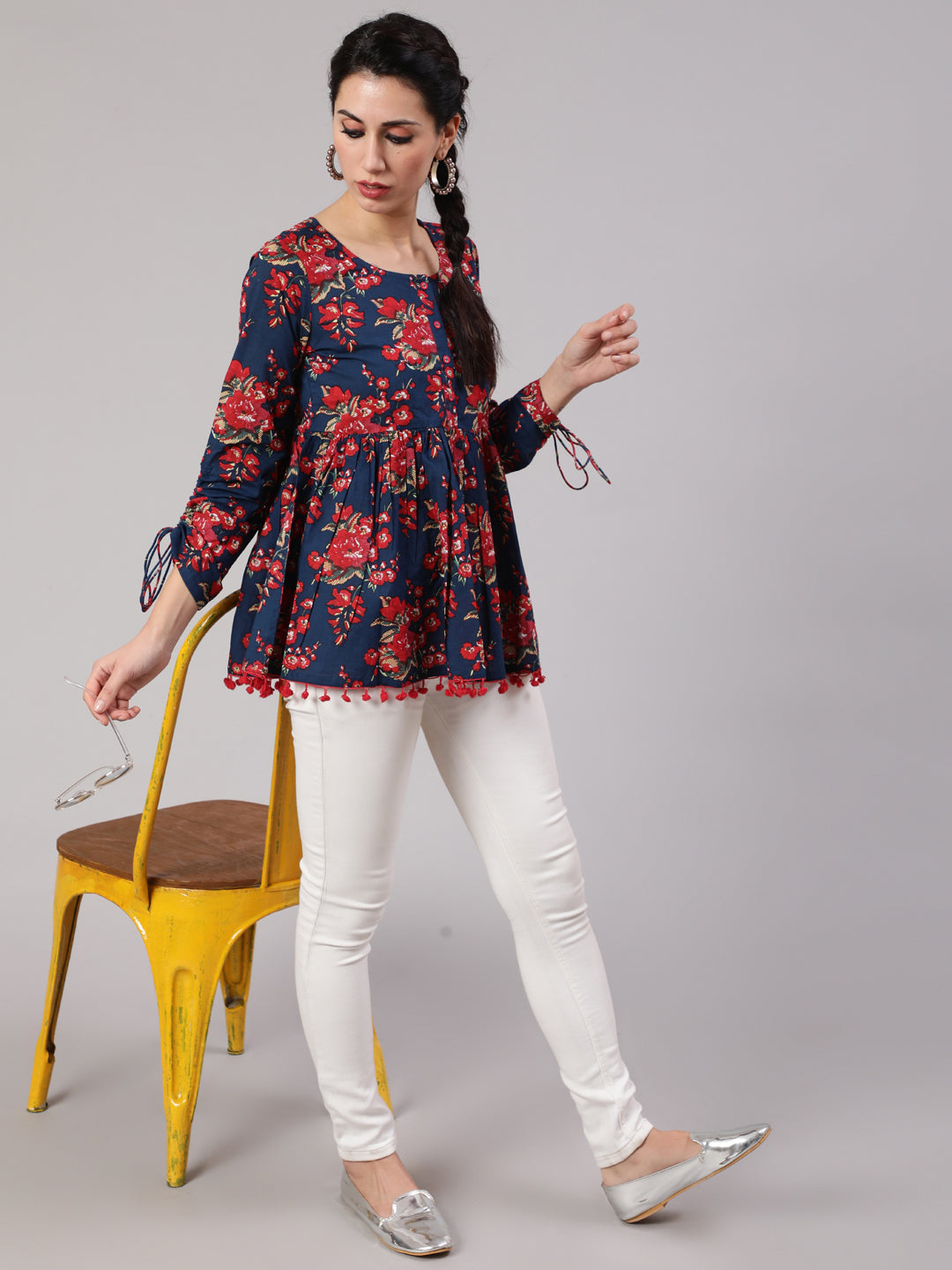 Women's Navy Blue Floral Printed Gathered Tunic -