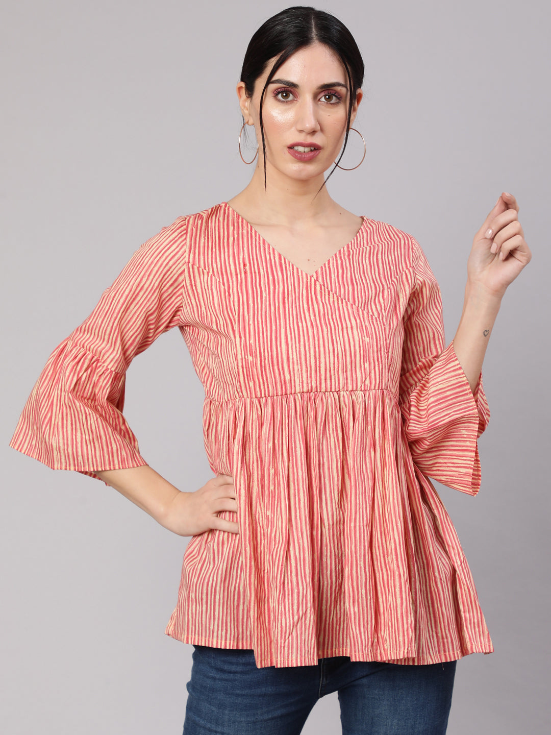 Women's Cream & Rust Striped Gathered Tunic