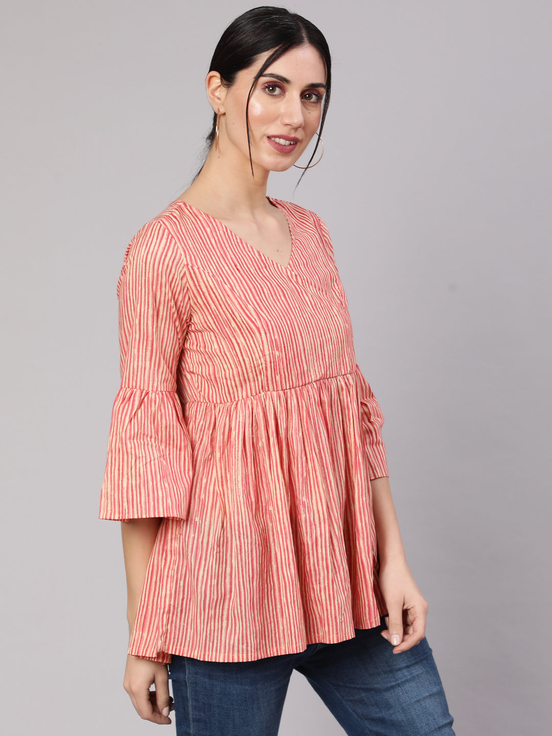 Women's Cream & Rust Striped Gathered Tunic