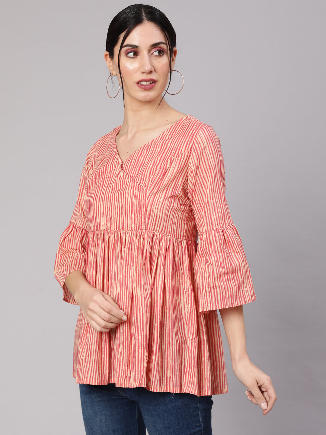 Women's Cream & Rust Striped Gathered Tunic