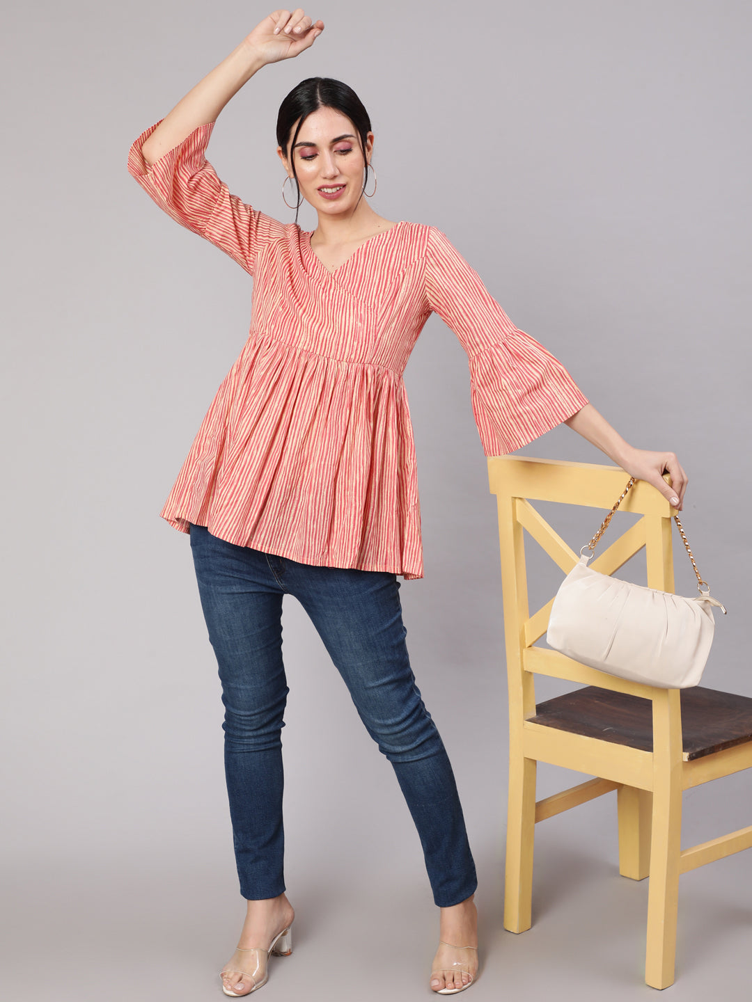 Women's Cream & Rust Striped Gathered Tunic