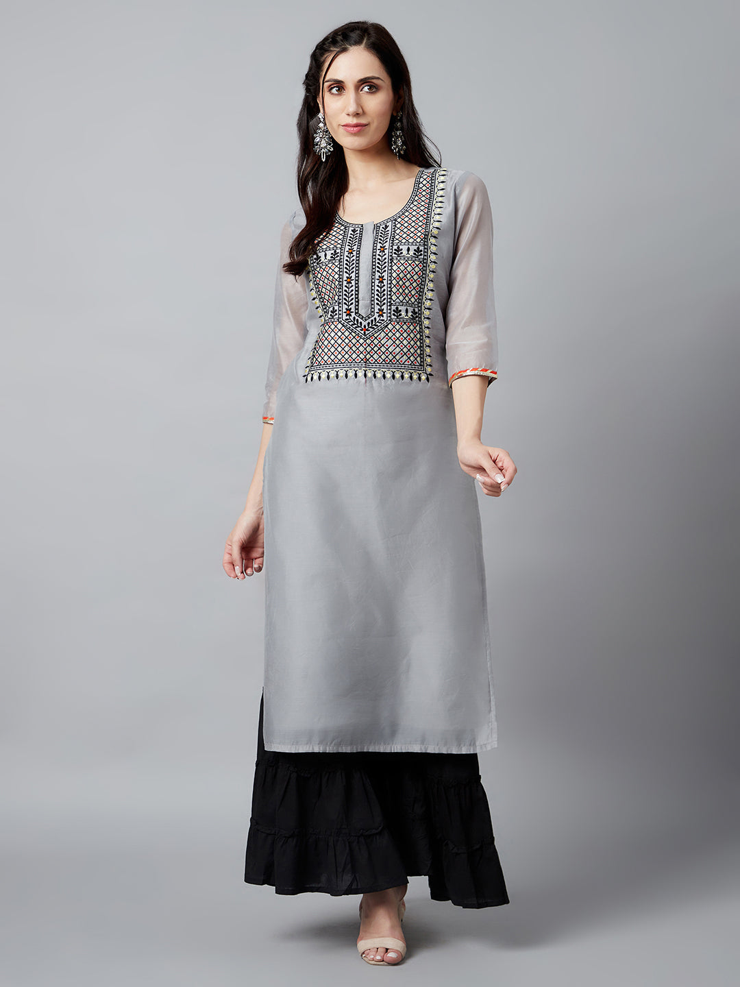 Women's Grey Embroidered Kurta