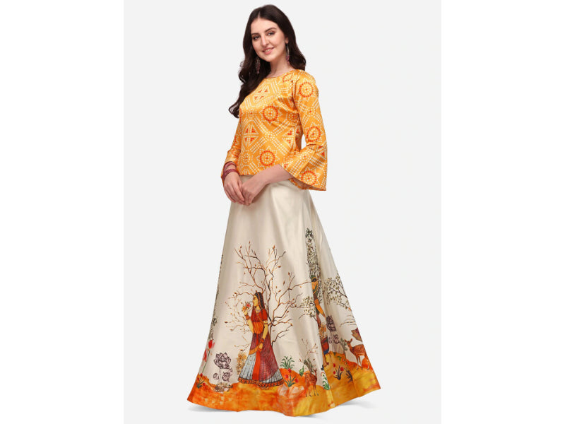 Women's Ethnic Motifs Digital Print Shiney Satin Croptop Lehenga Choli With Unstitched Blouse