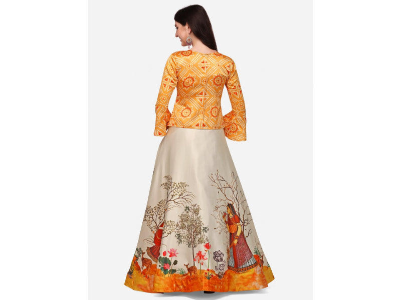 Women's Ethnic Motifs Digital Print Shiney Satin Croptop Lehenga Choli With Unstitched Blouse