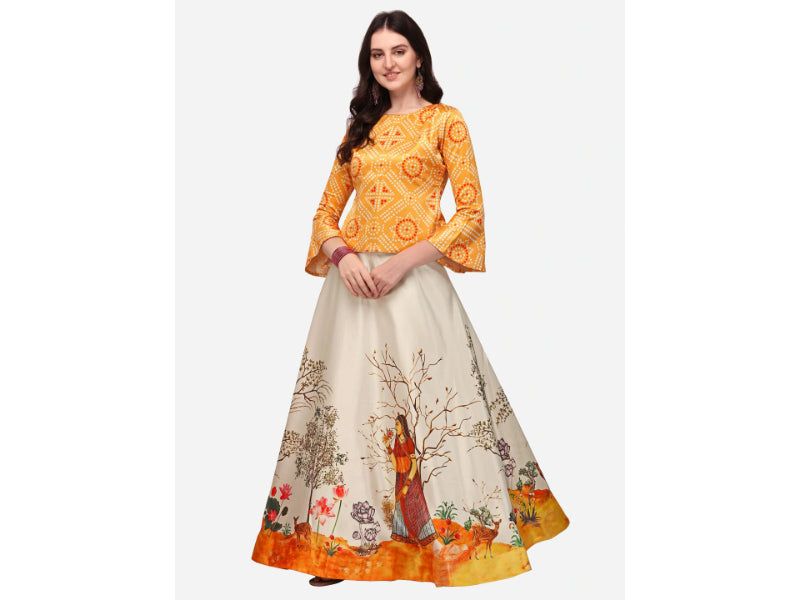 Women's Ethnic Motifs Digital Print Shiney Satin Croptop Lehenga Choli With Unstitched Blouse