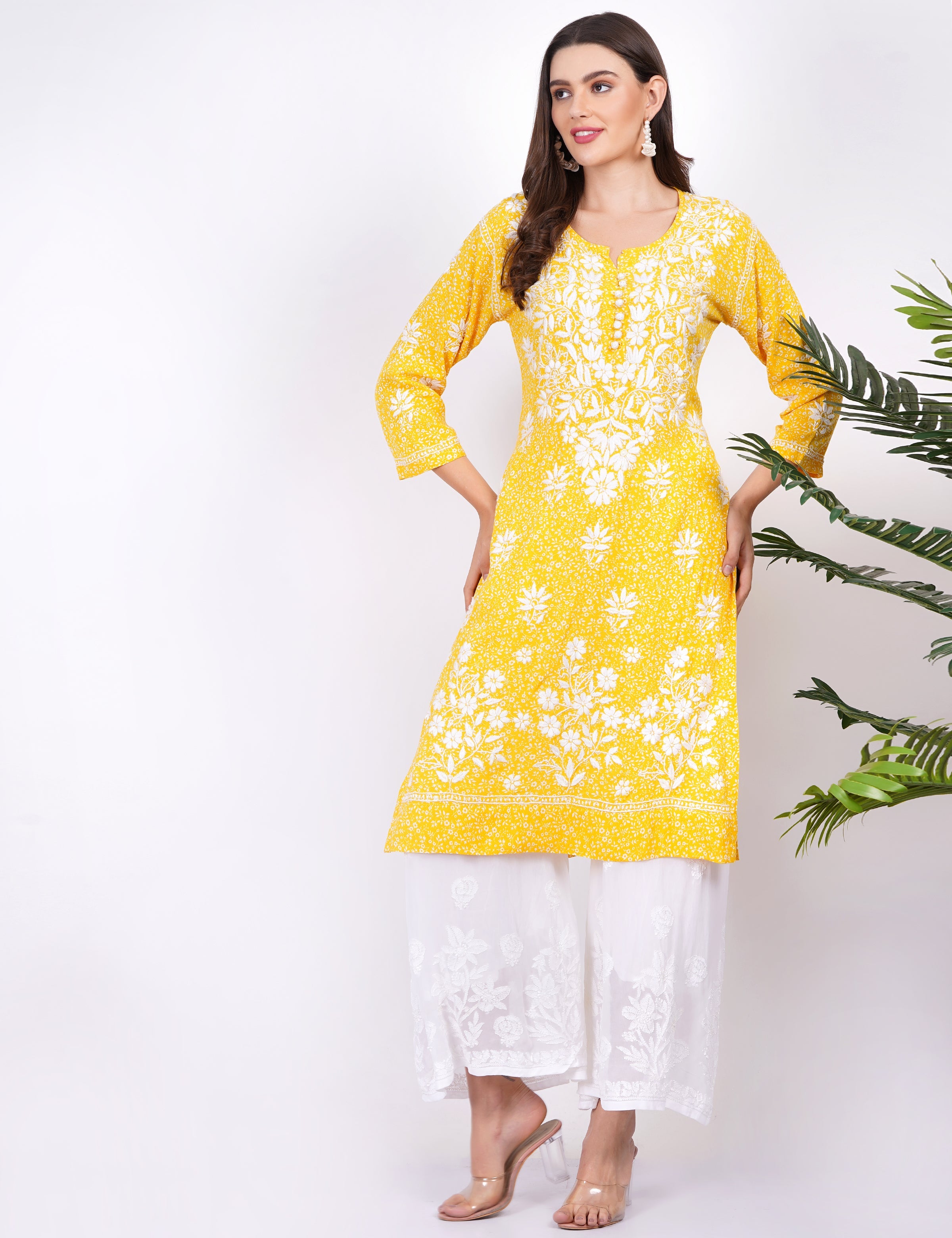 Women's Yellow Rayon Chikankari Kurti