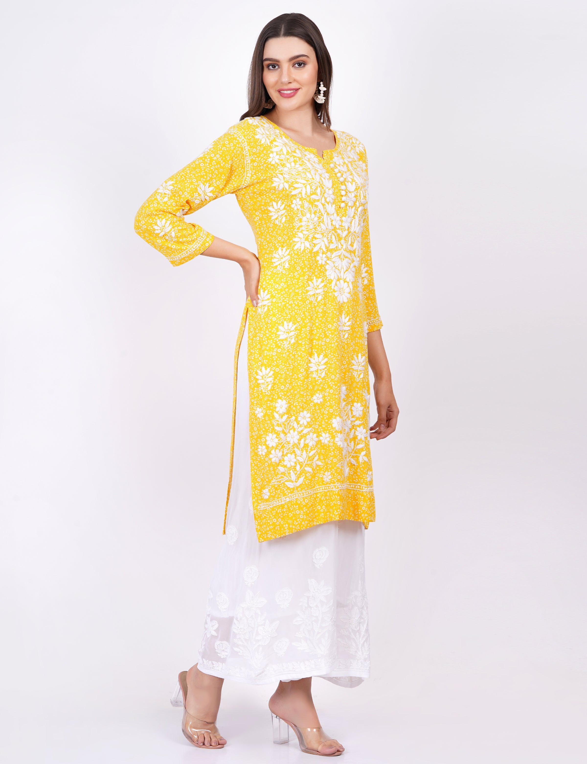 Women's Yellow Rayon Chikankari Kurti