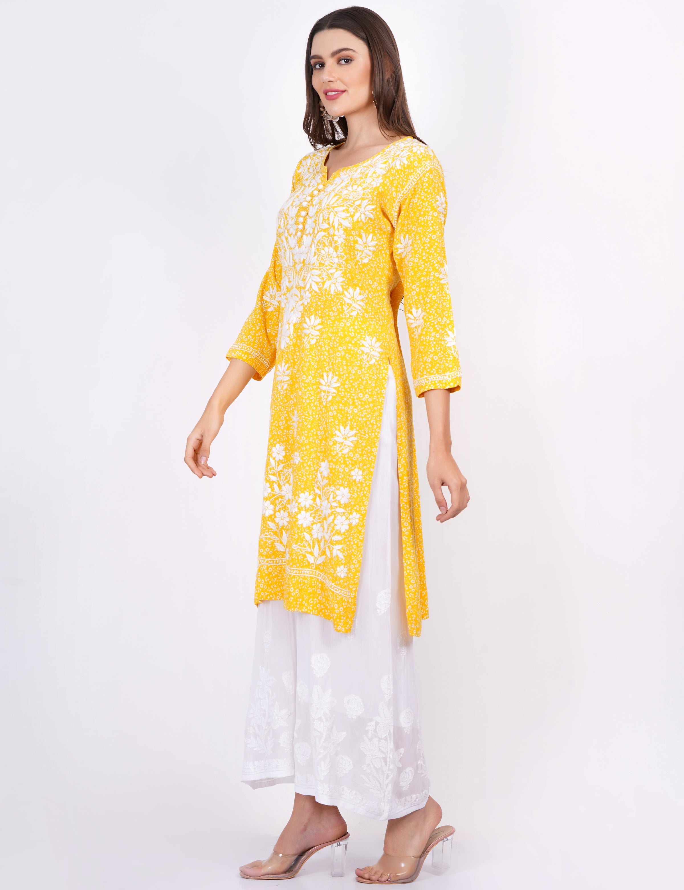Women's Yellow Rayon Chikankari Kurti