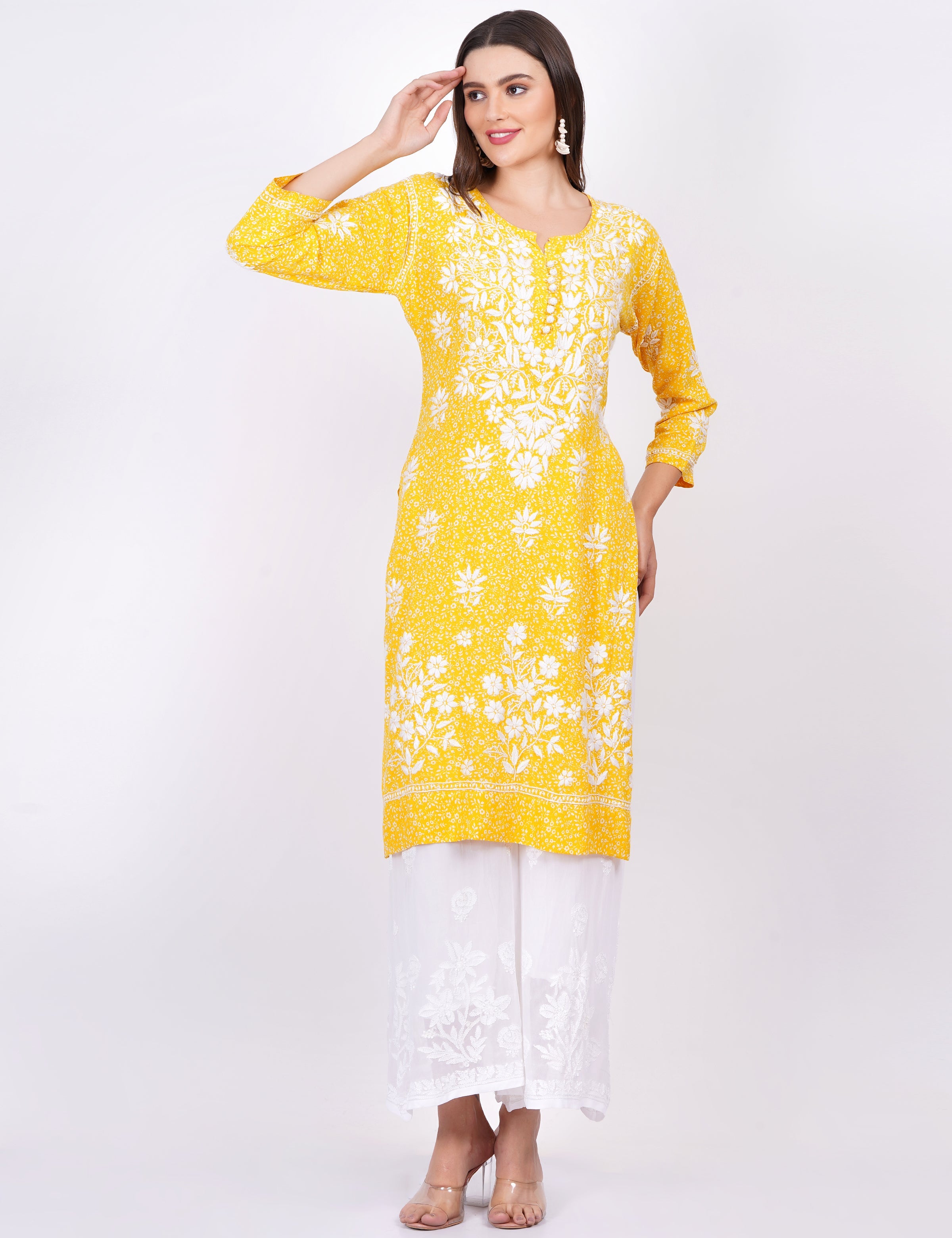 Women's Yellow Rayon Chikankari Kurti