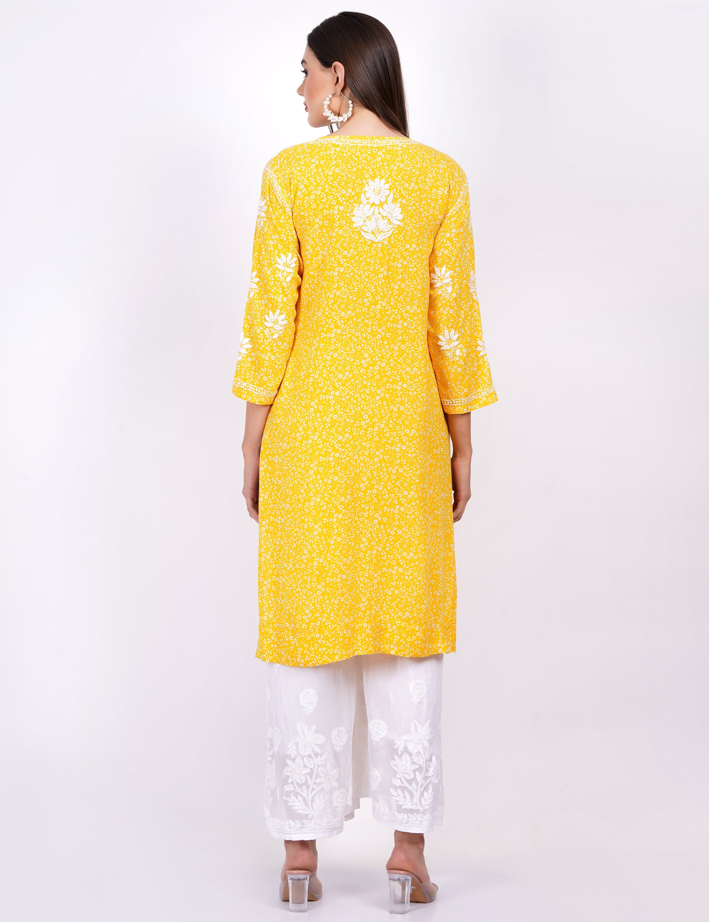 Women's Yellow Rayon Chikankari Kurti