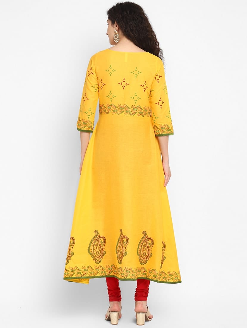 Women's Yellow Cotton Printed Anarkali Kurti - Taantav