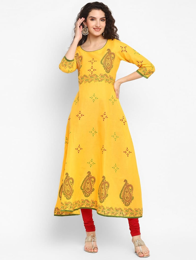 Women's Yellow Cotton Printed Anarkali Kurti