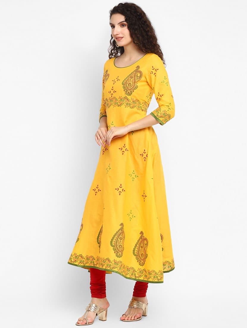 Women's Yellow Cotton Printed Anarkali Kurti - Taantav