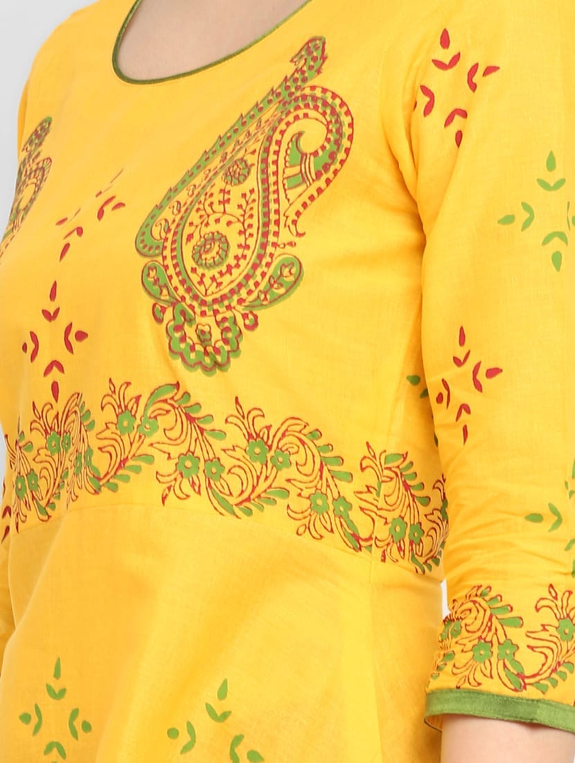 Women's Yellow Cotton Printed Anarkali Kurti - Taantav