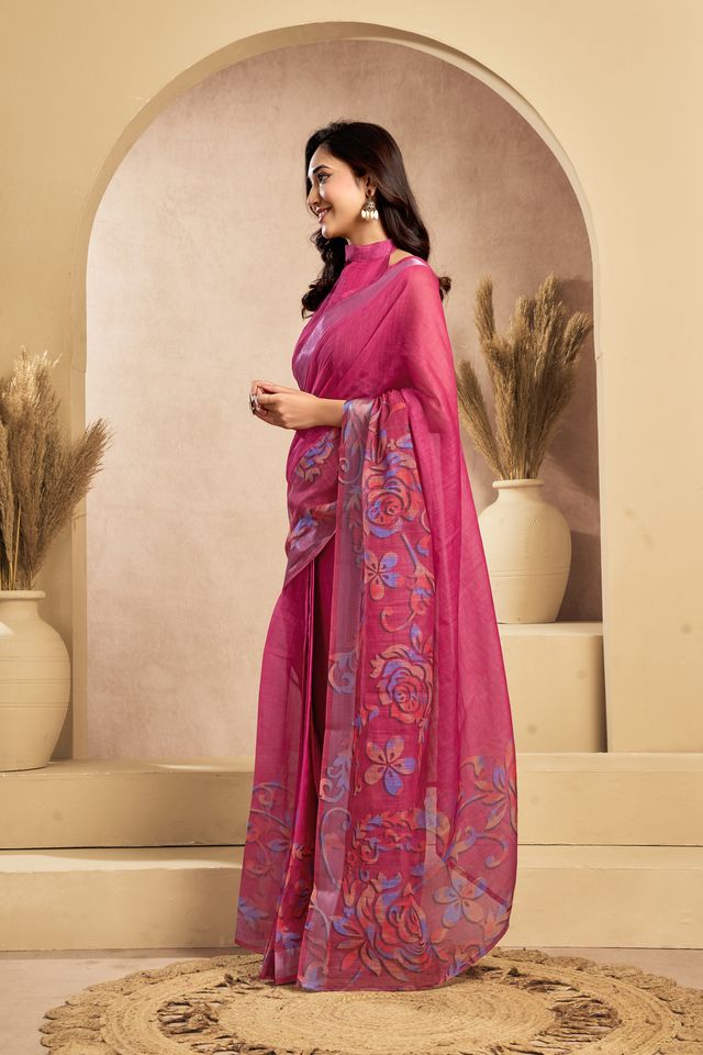 Women's Pink & Purple Linen Printed Saree