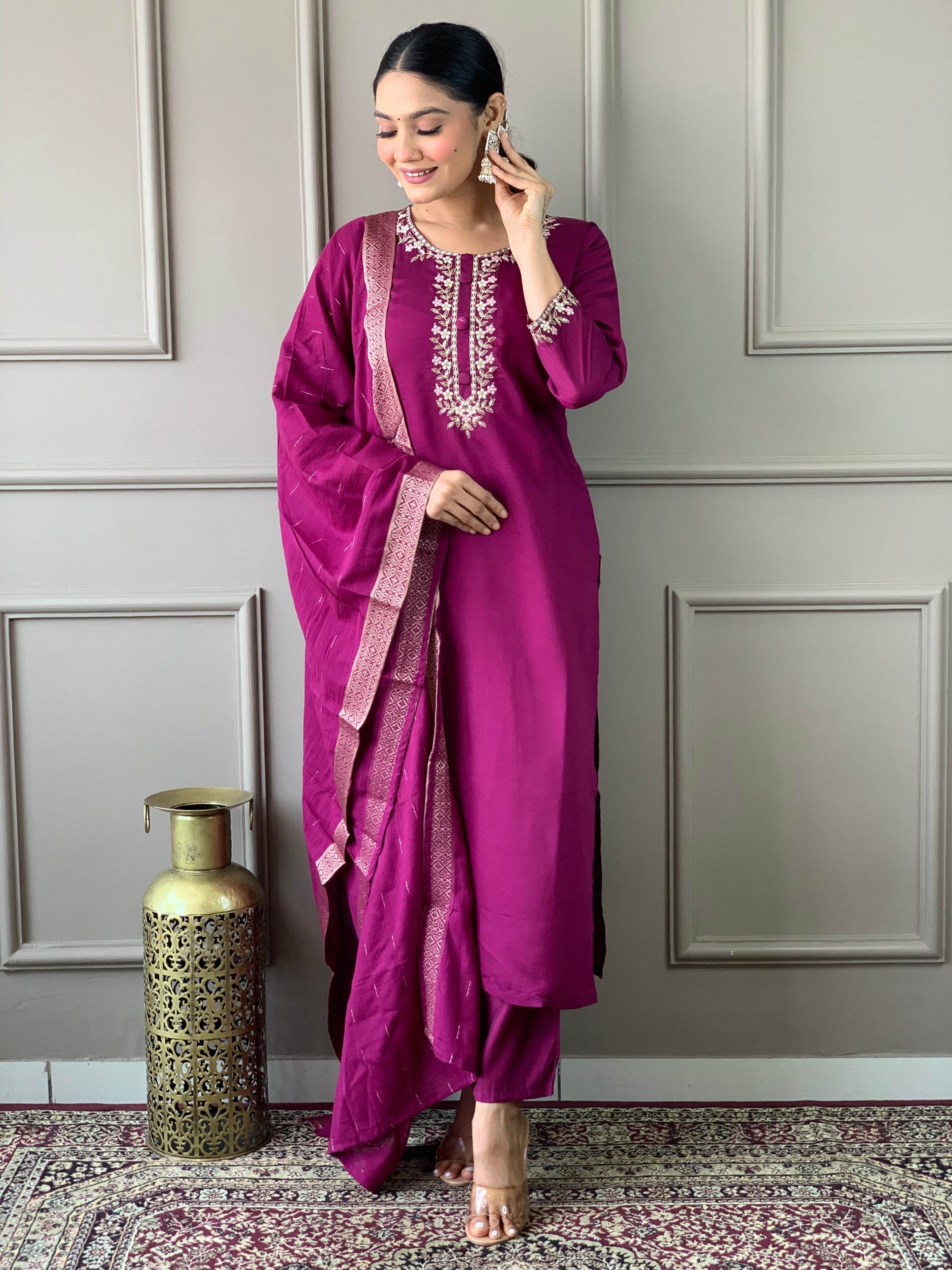 Women's Round Neck Embroidered Work, Chanderi Fabric Kurta & Pant With Dupatta Set - Taantav