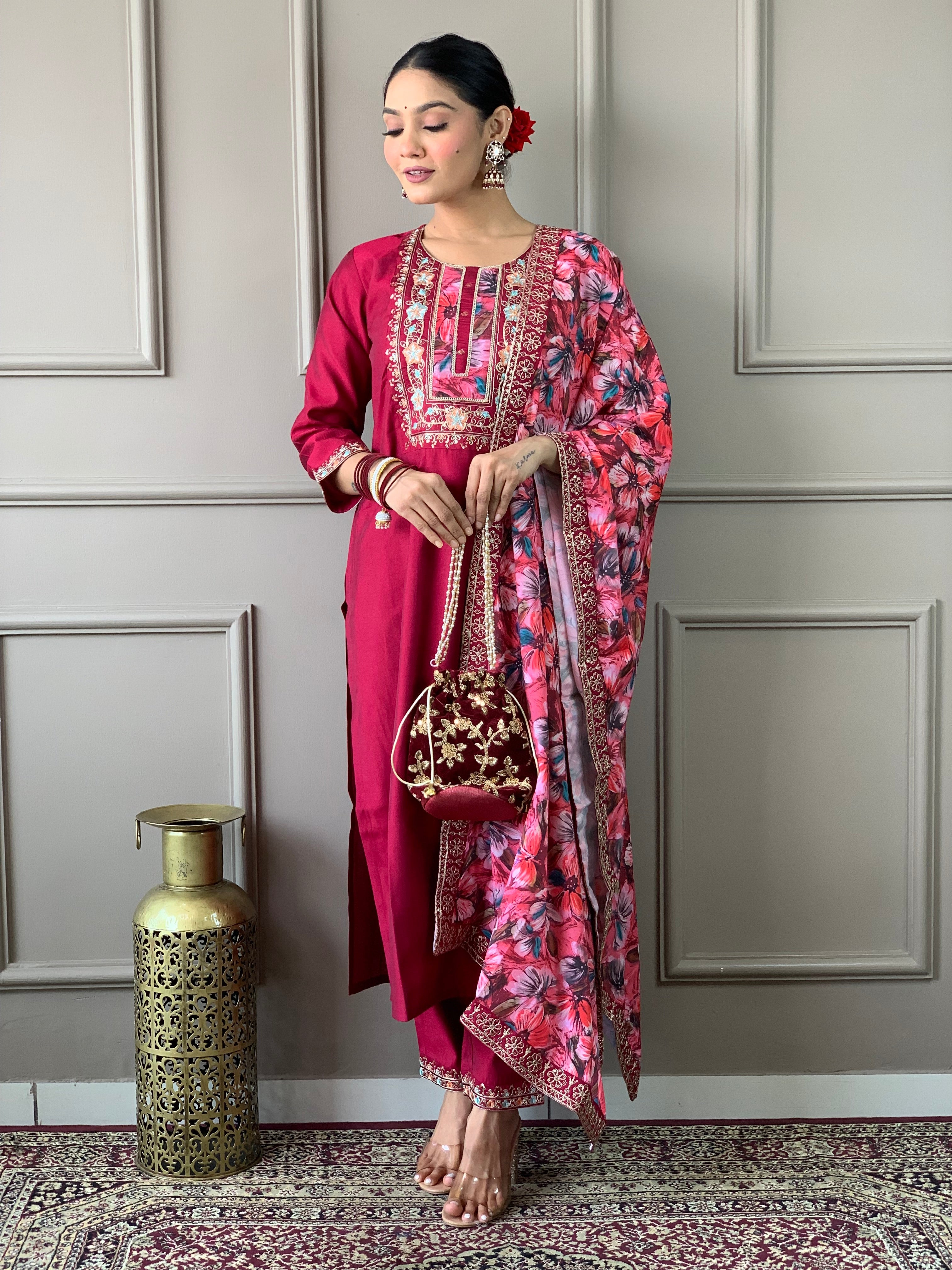 Women's Round Neck Embroidered Work, Chanderi Fabric Kurta & Pant With Dupatta Set - Taantav