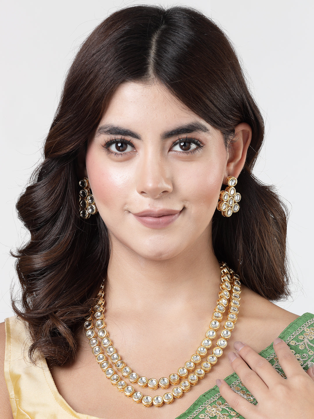 Women's Gold-Plated Kundan 2 layered handcrafted Jewellery Sets with drop earrings