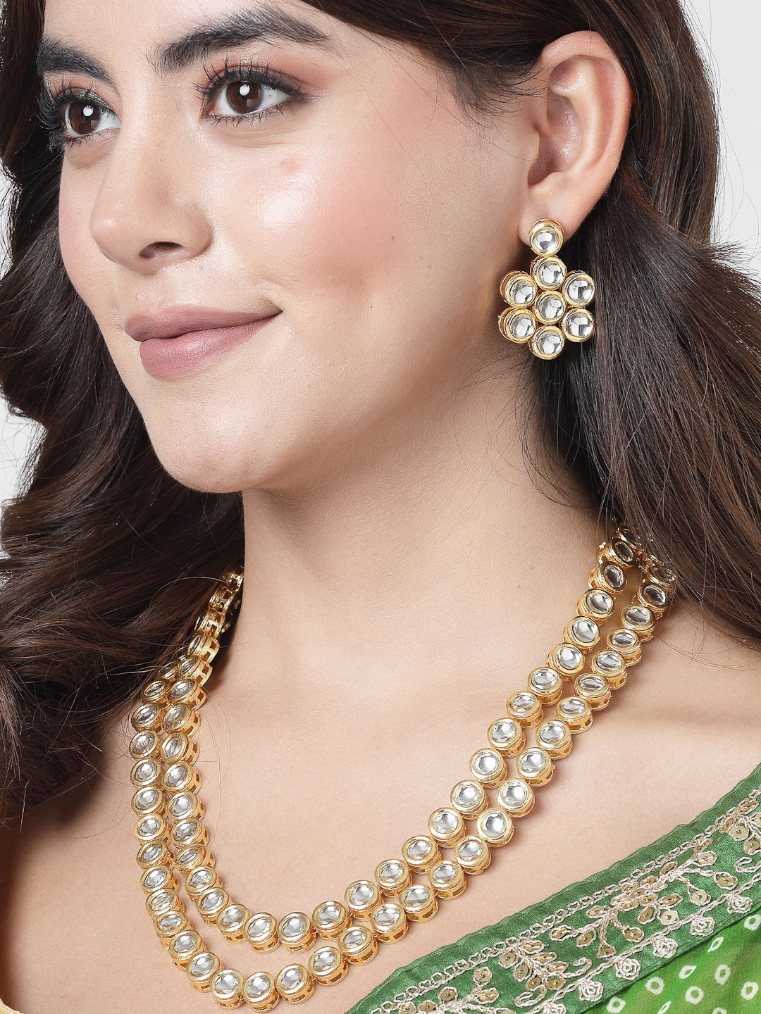 Women's Gold-Plated Kundan 2 layered handcrafted Jewellery Sets with drop earrings - NVR