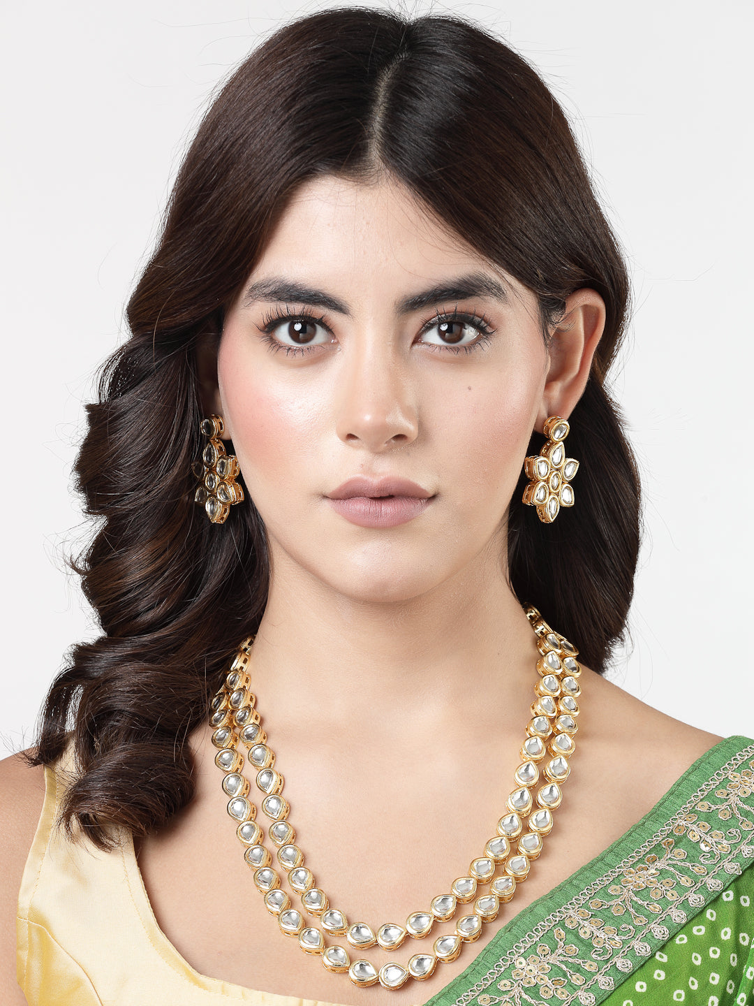 Women's Gold-Plated Kundan 2 layered handcrafted Jewellery Sets with drop earrings