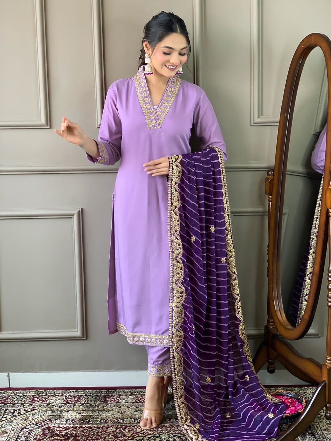 Women's Lavender Cotton Blend Print With Embroidery Lace Kurta Set
