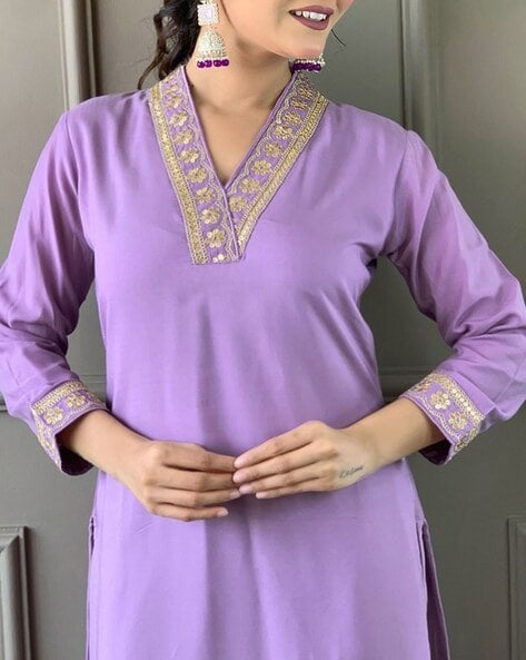 Women's Lavender Cotton Blend Print With Embroidery Lace Kurta Set - Manohara