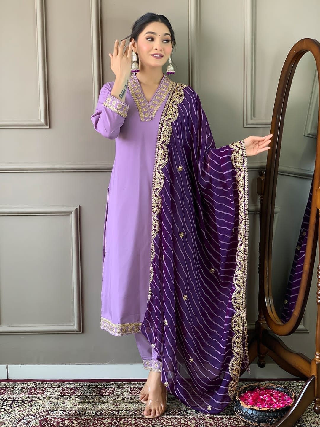 Women's Lavender Cotton Blend Print With Embroidery Lace Kurta Set