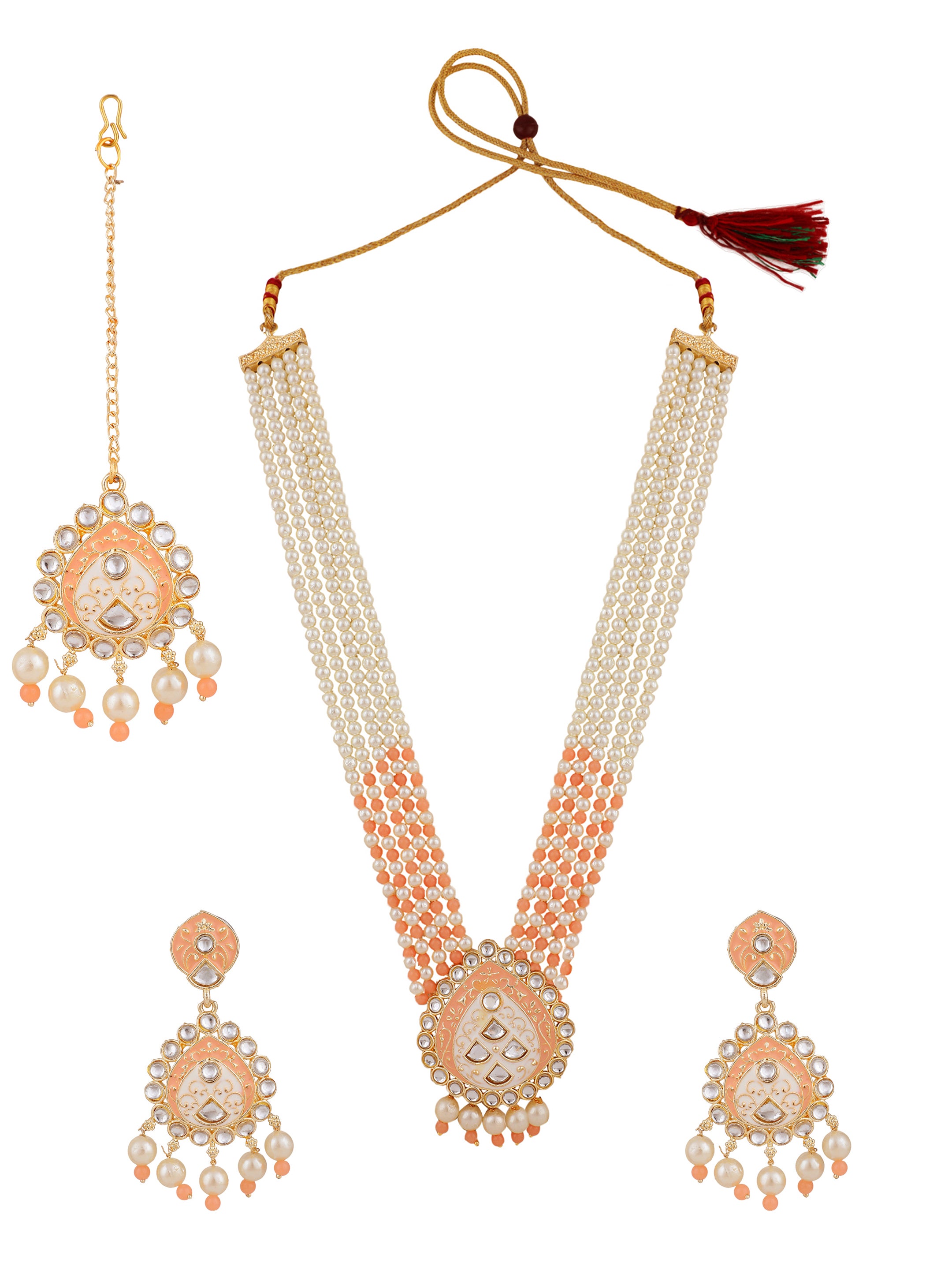 Women's Wedding Wear Peach Pearl Necklace Set With Maang Tikka  - Zaffre Collections