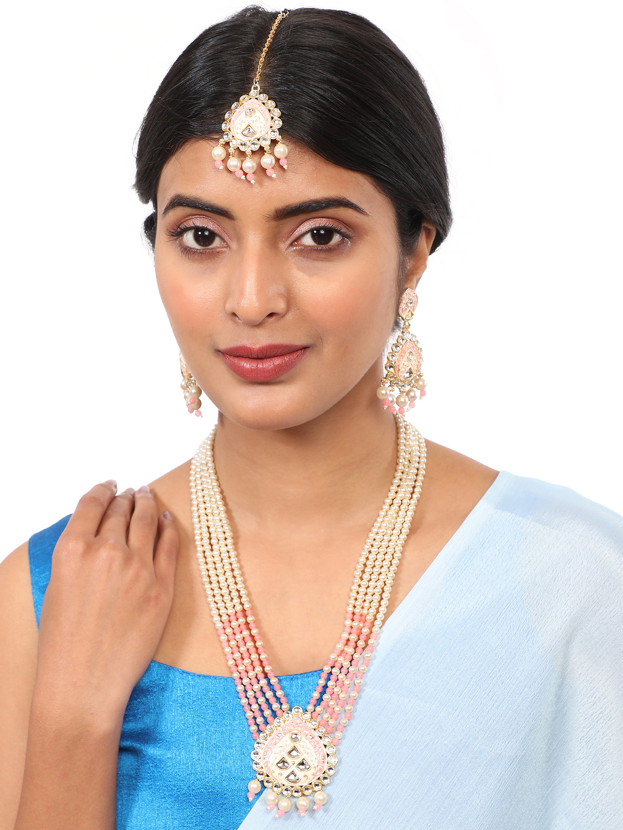 Women's Wedding Wear Peach Pearl Necklace Set With Maang Tikka  - Zaffre Collections
