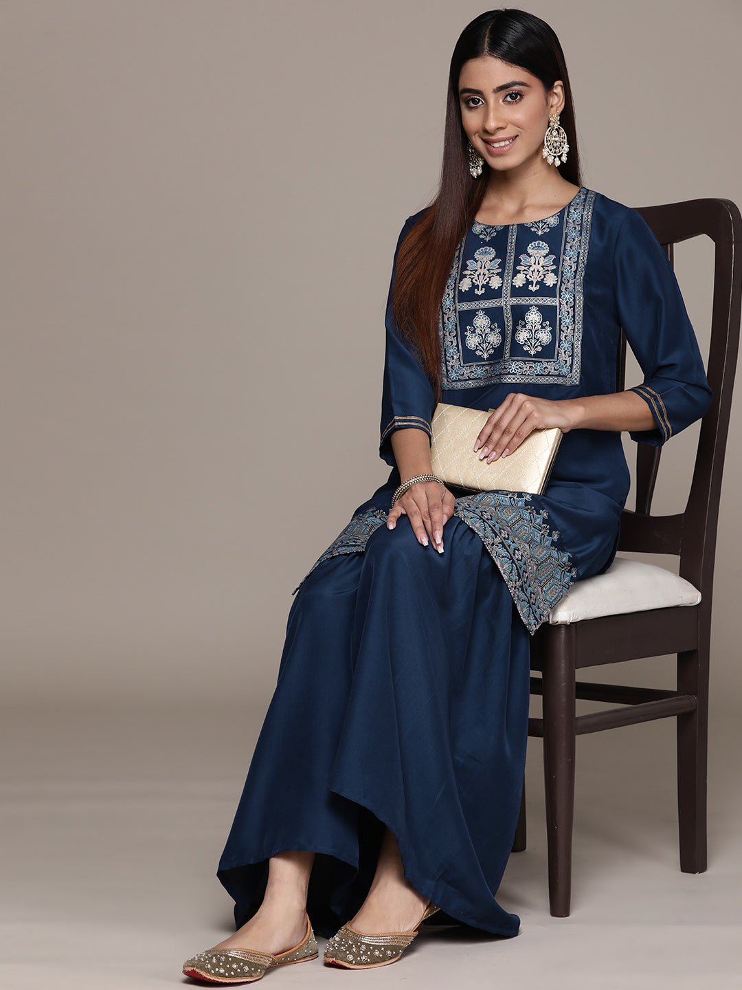 Women's Navy Blue CHINON Straight Kurta And Sharara Set